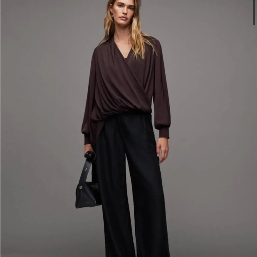 All Saints Abi Long Sleeve Draped Wrap Over Top